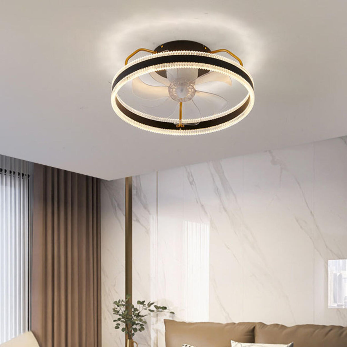 Modern 7 Clear Blades Round Dimmable Ceiling Fan Light Image - 2