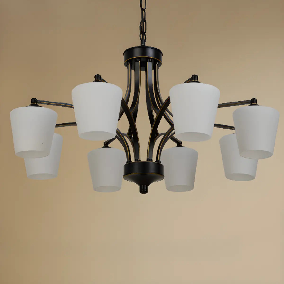 Modern 8-Light Black Metal White Glass Chandelier Image - 14