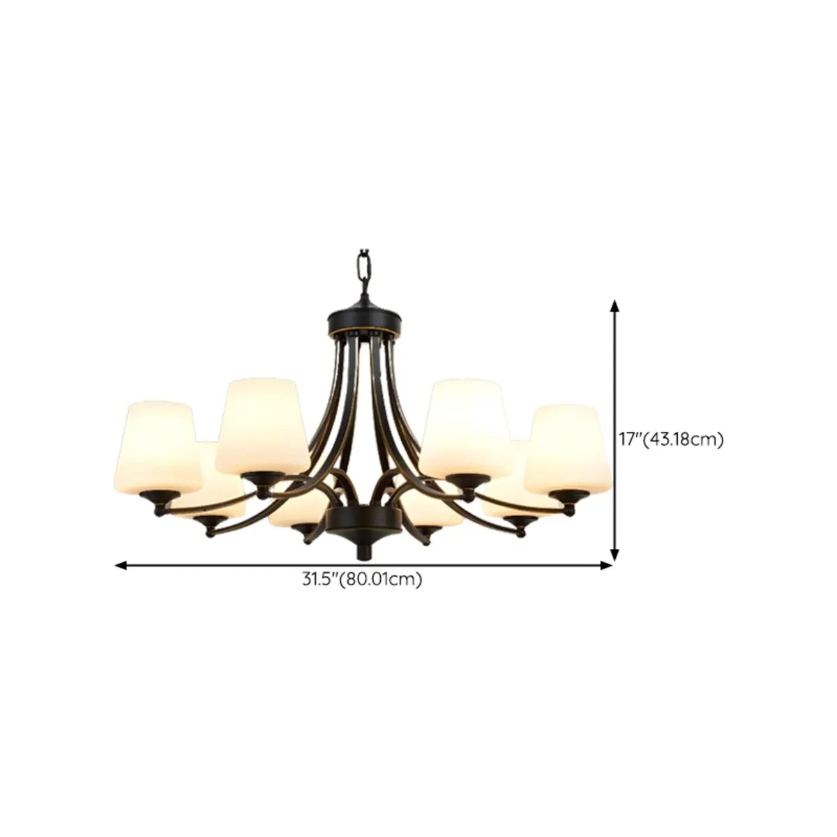 Modern 8-Light Black Metal White Glass Chandelier Image - 33