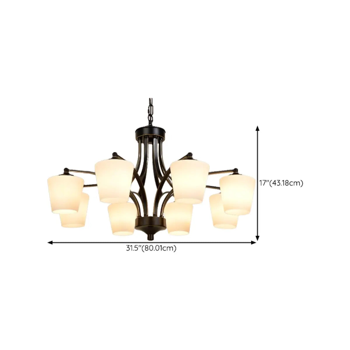 Modern 8-Light Black Metal White Glass Chandelier Image - 34