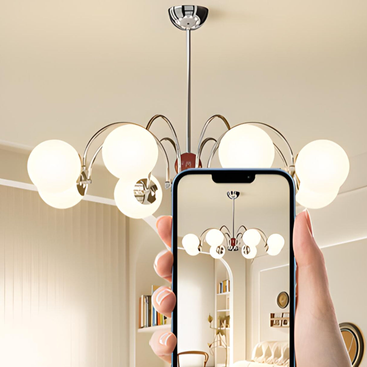 Modern 8-Light White Ball Chandelier Adjustable Height Image - 11