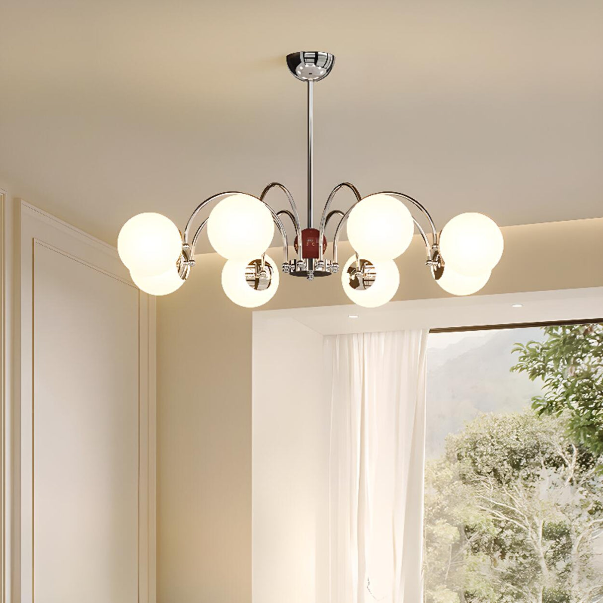 Modern 8-Light White Ball Chandelier Adjustable Height Image - 8