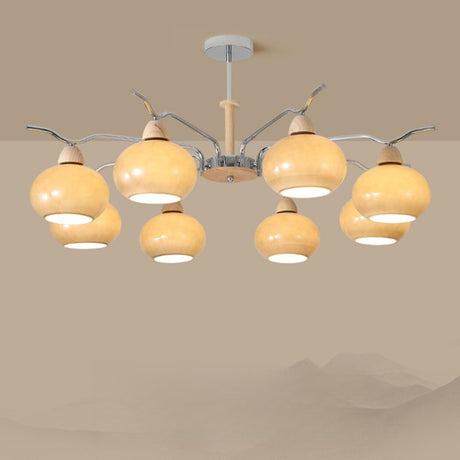 Modern 8-Light Wooden Drum White Glass Chandelier Image - 1