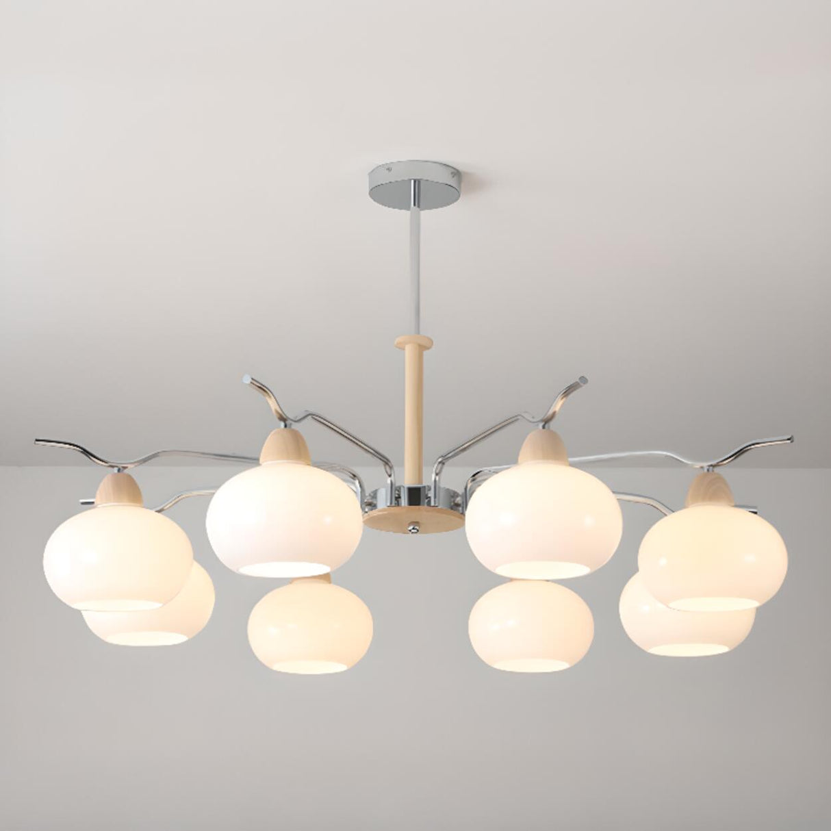 Modern 8-Light Wooden Drum White Glass Chandelier Image - 11