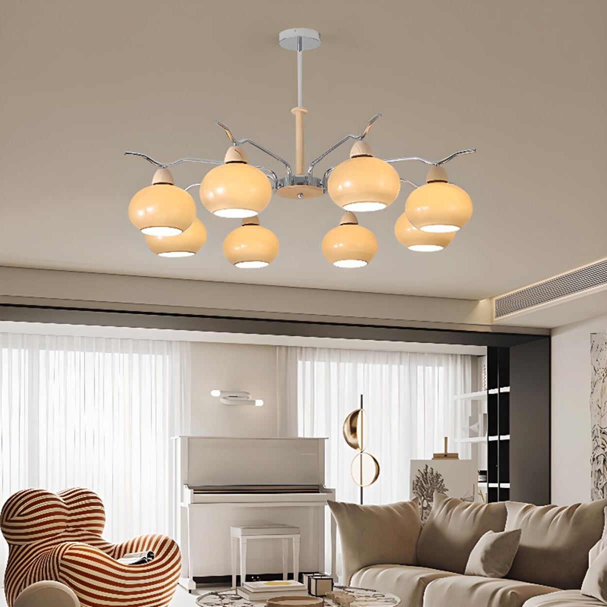 Modern 8-Light Wooden Drum White Glass Chandelier Image - 2