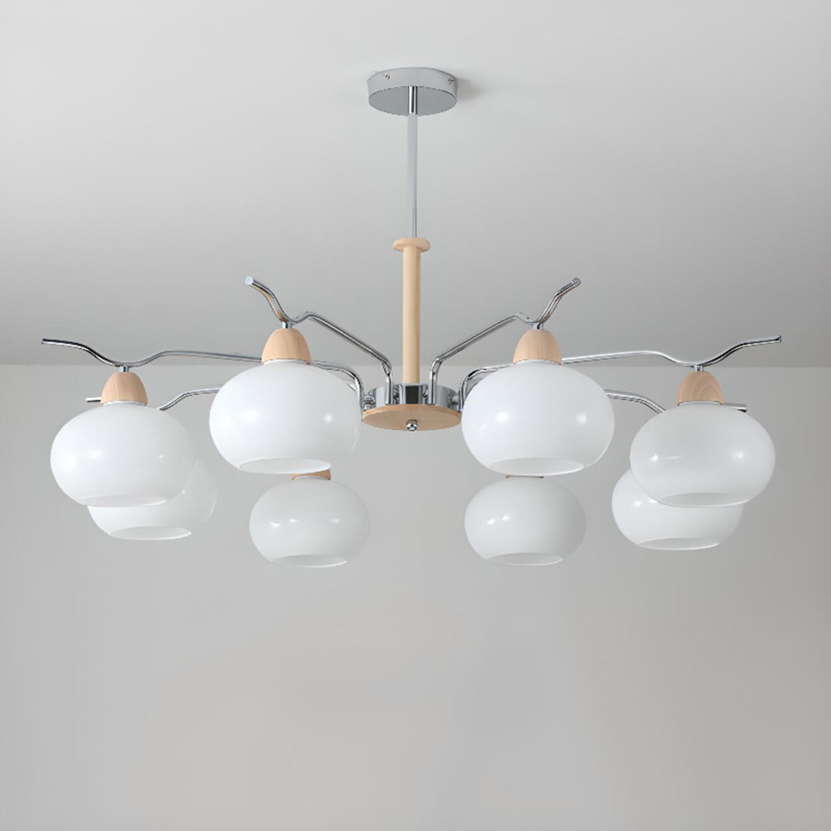 Modern 8-Light Wooden Drum White Glass Chandelier Image - 6