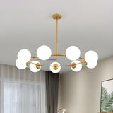 Modern 9-Light Gold Circular White Globe Chandelier Image - 2