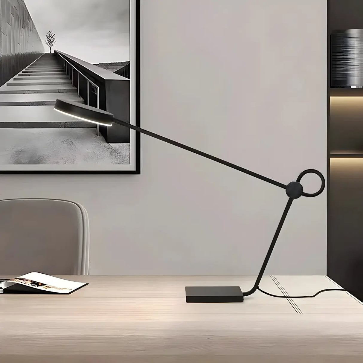 Modern Adjustable Black Metallic Round Table Lamp Image - 3