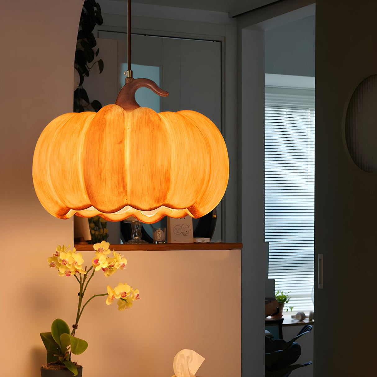 Modern Adjustable Brown Pumpkin Pendant Ceiling Lamp Image - 15