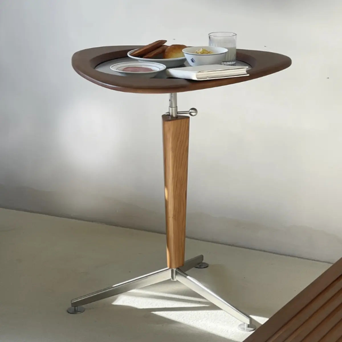 Modern Adjustable Height Brown Triangular Wood Side Table Image - 1