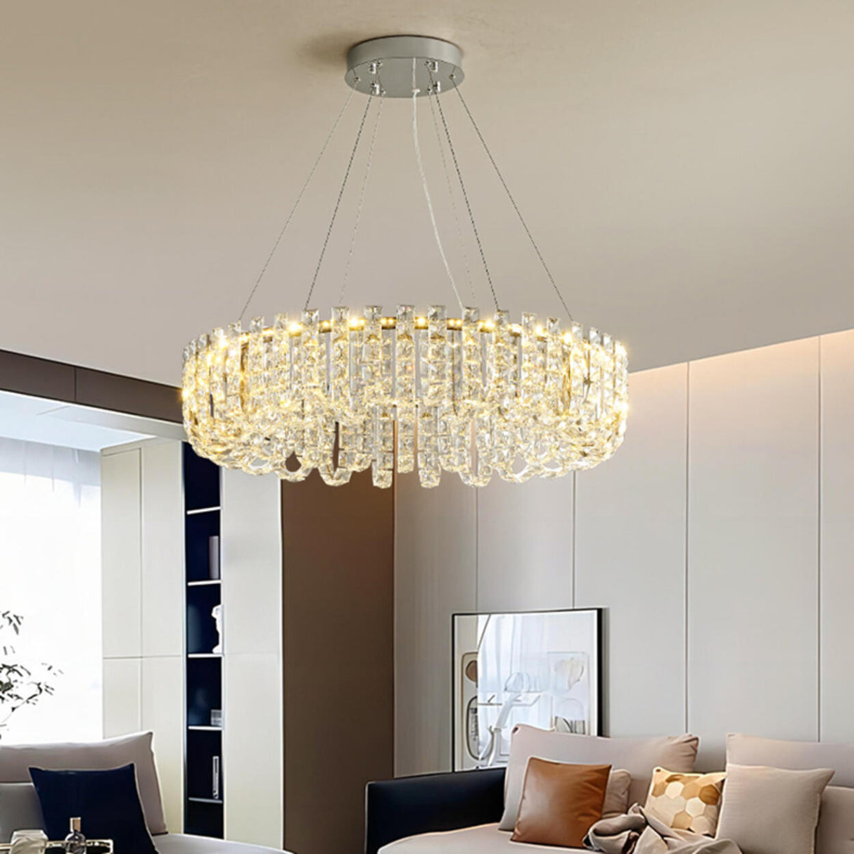 Modern Adjustable Height Drum Round Crystal Chandelier Image - 1