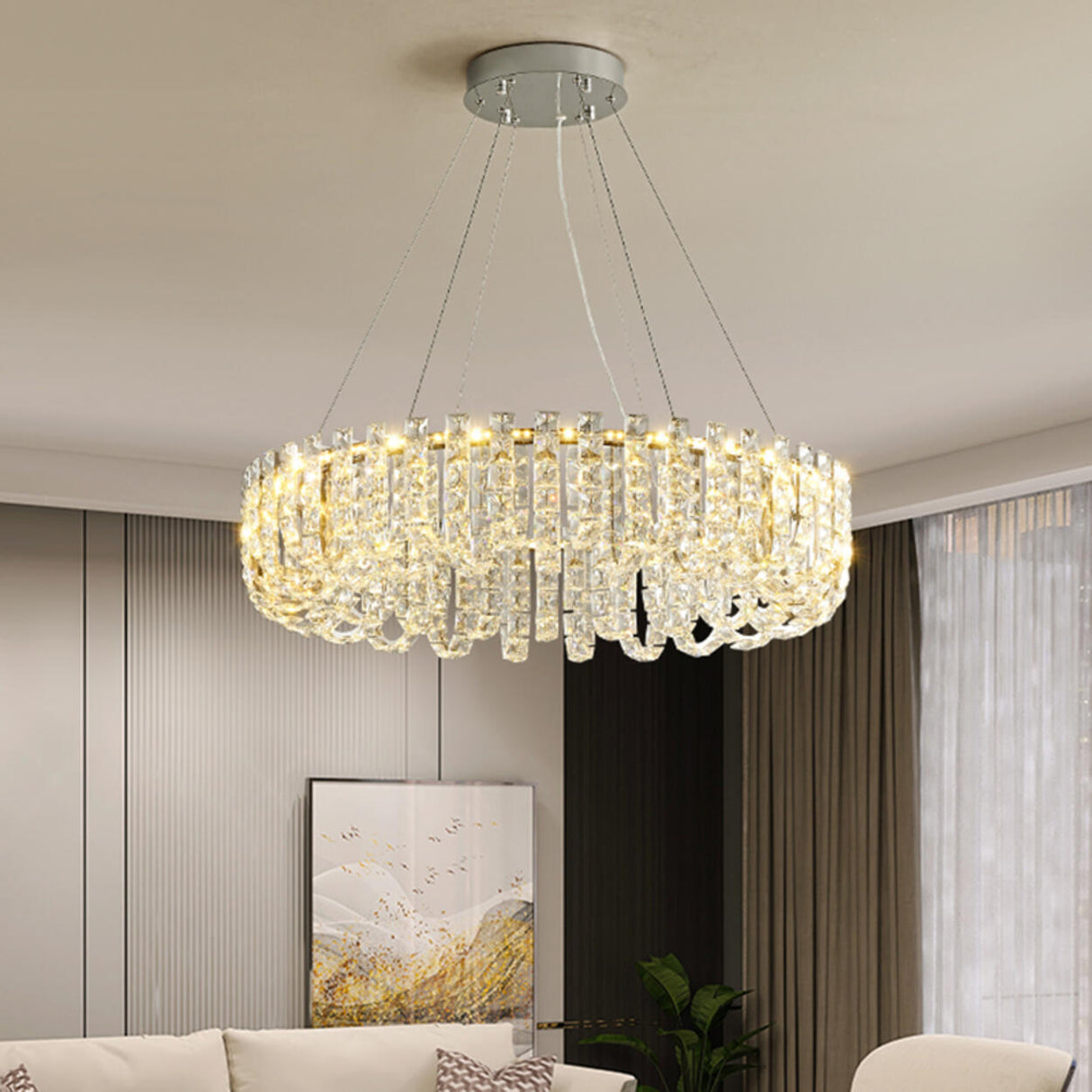 Modern Adjustable Height Drum Round Crystal Chandelier Image - 13