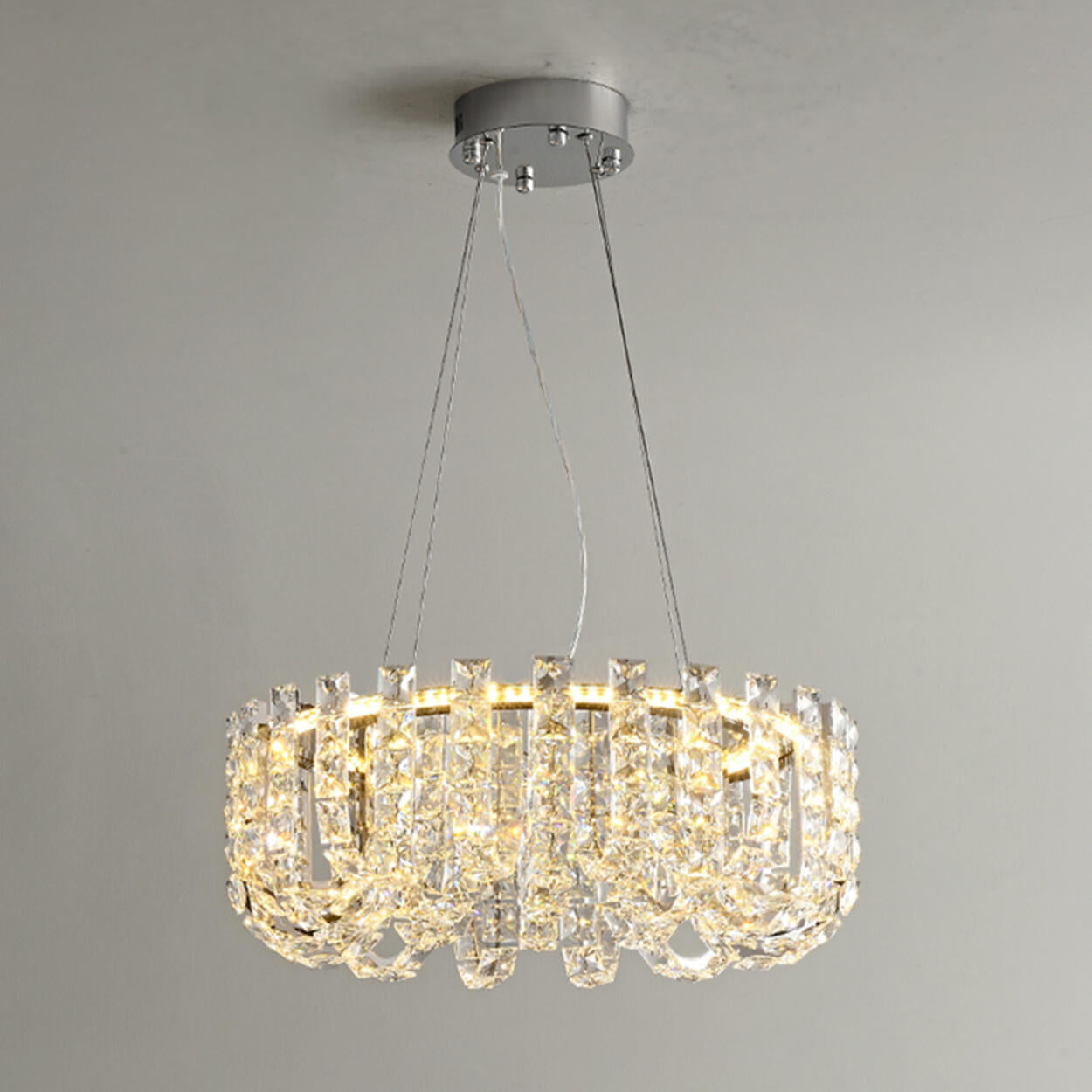 Modern Adjustable Height Drum Round Crystal Chandelier Image - 2