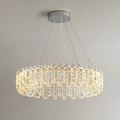 Modern Adjustable Height Drum Round Crystal Chandelier Image - 2