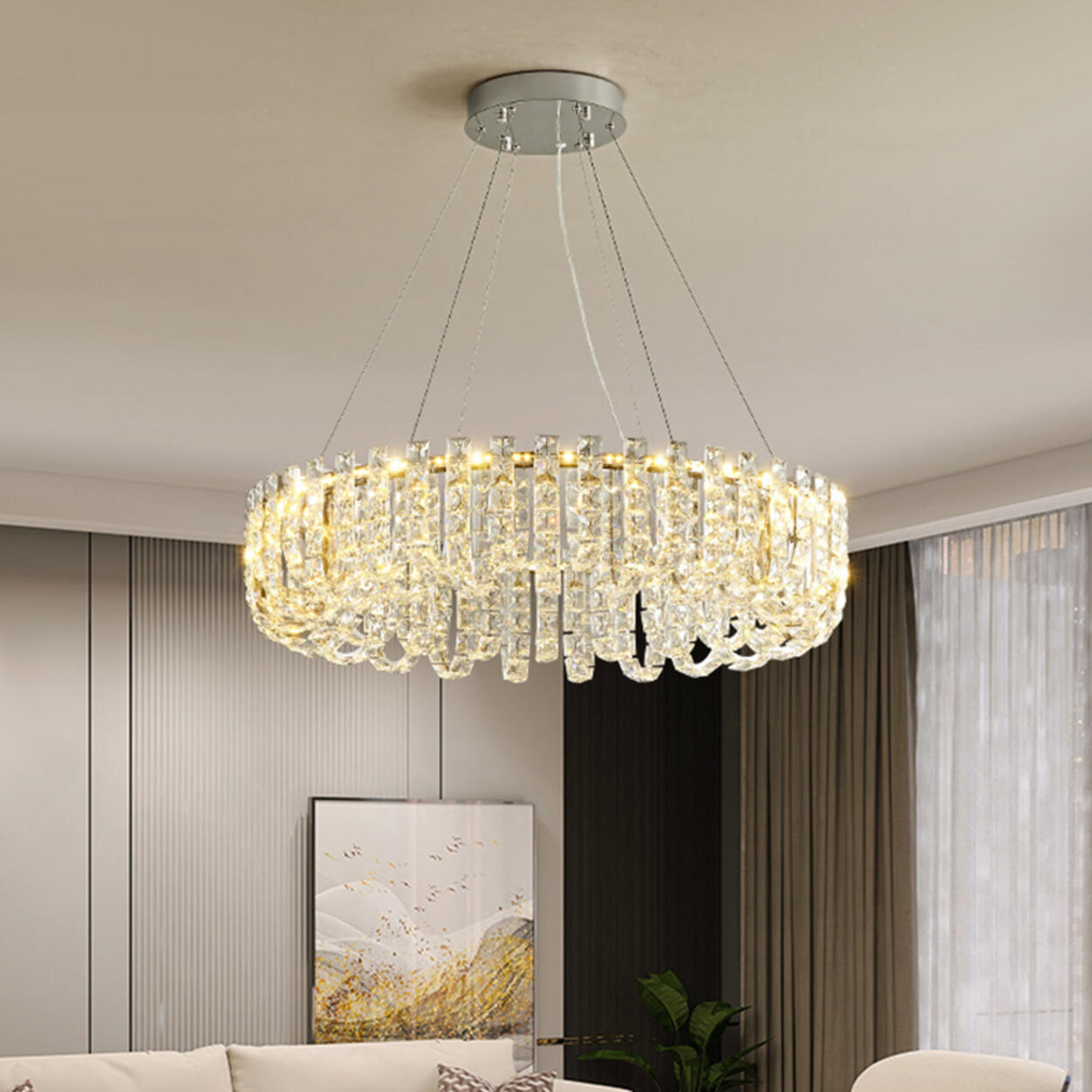 Modern Adjustable Height Drum Round Crystal Chandelier Image - 4