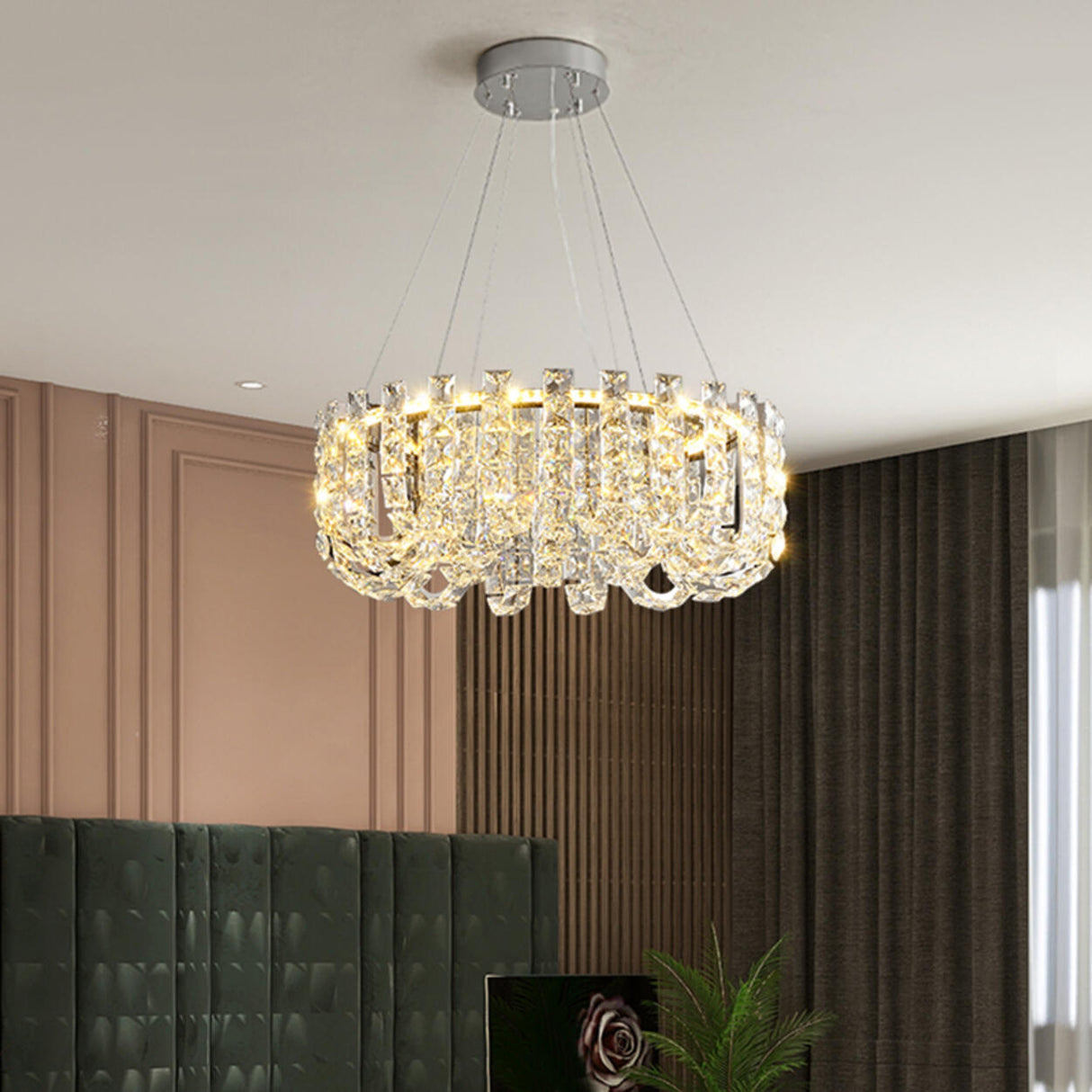 Modern Adjustable Height Drum Round Crystal Chandelier Image - 9