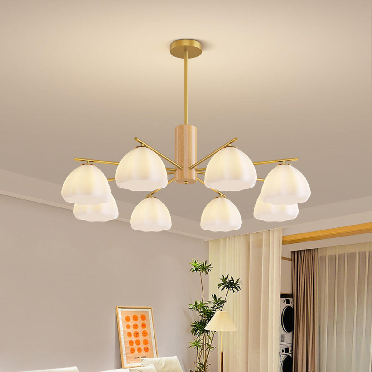 Modern Adjustable Height Wood and Brass Round Chandelier Image - 1