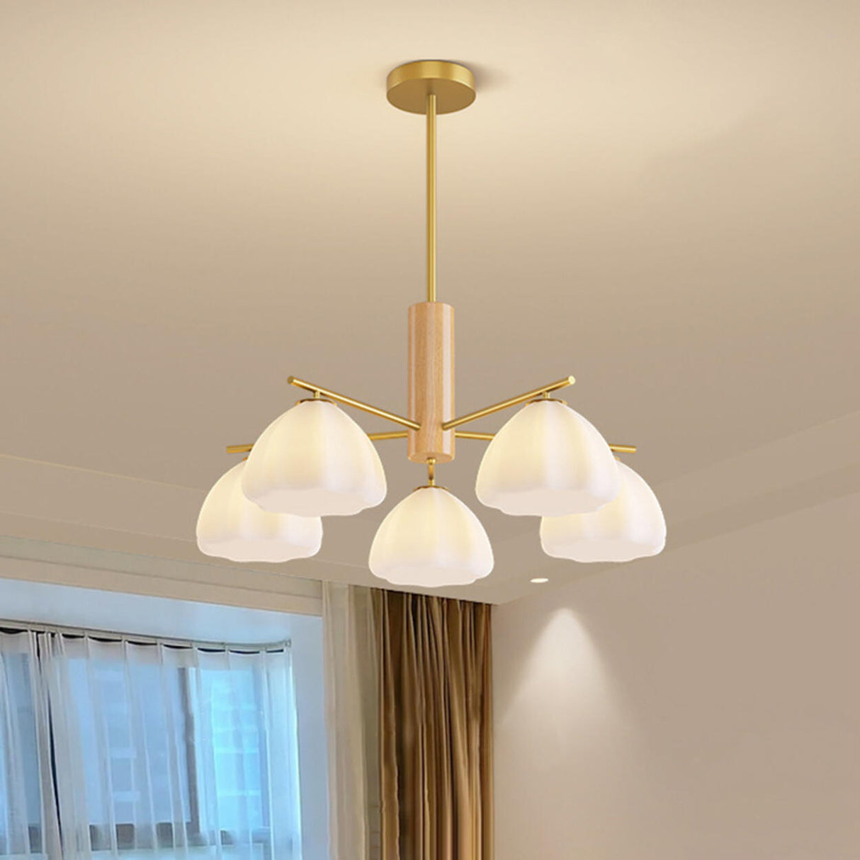 Modern Adjustable Height Wood and Brass Round Chandelier Image - 12