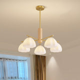 Modern Adjustable Height Wood and Brass Round Chandelier Image - 12