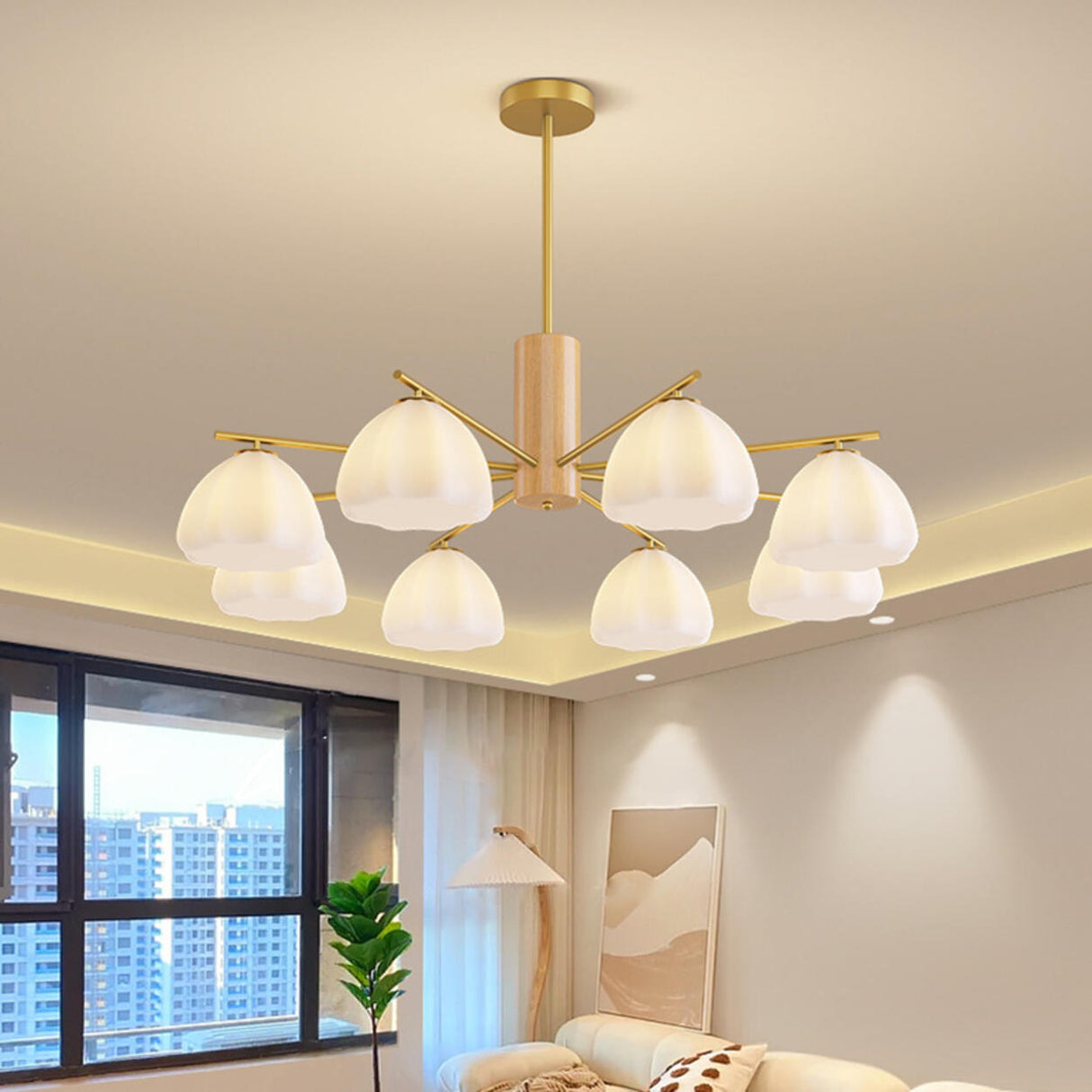 Modern Adjustable Height Wood and Brass Round Chandelier Image - 13