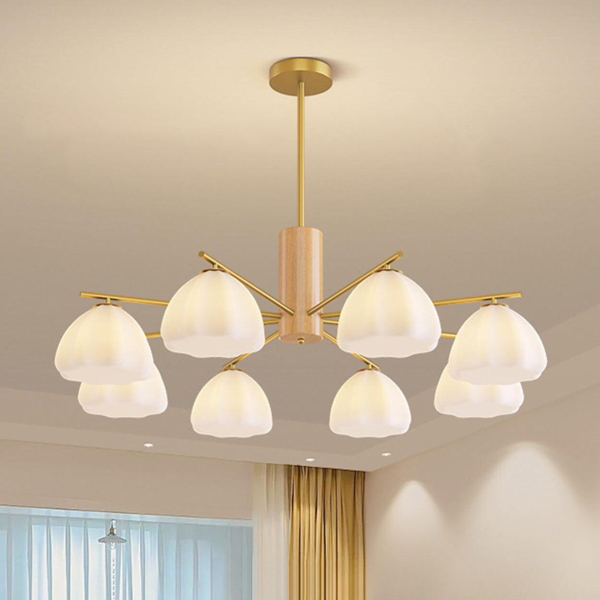 Modern Adjustable Height Wood and Brass Round Chandelier Image - 15