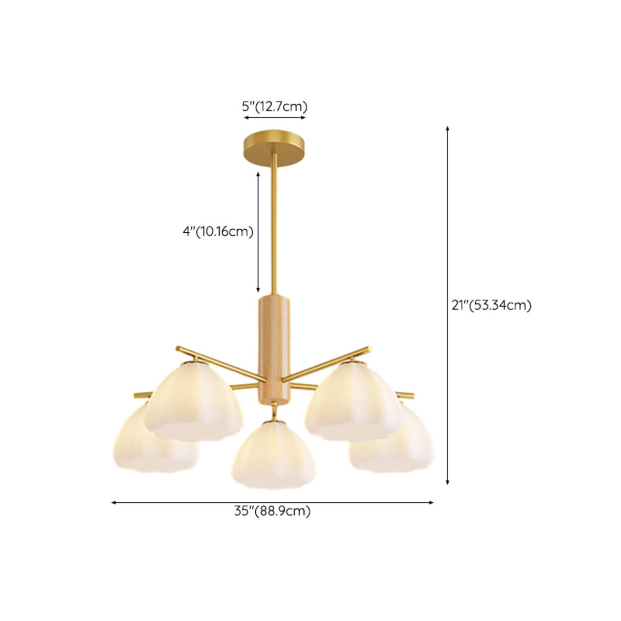 Modern Adjustable Height Wood and Brass Round Chandelier 