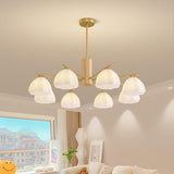 Modern Adjustable Height Wood and Brass Round Chandelier Image - 2