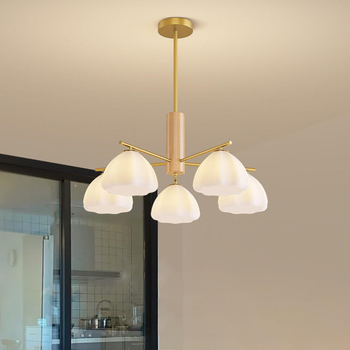 Modern Adjustable Height Wood and Brass Round Chandelier Image - 4