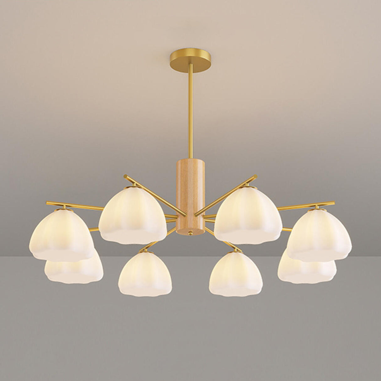 Modern Adjustable Height Wood and Brass Round Chandelier Image - 7