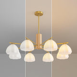 Modern Adjustable Height Wood and Brass Round Chandelier Image - 8