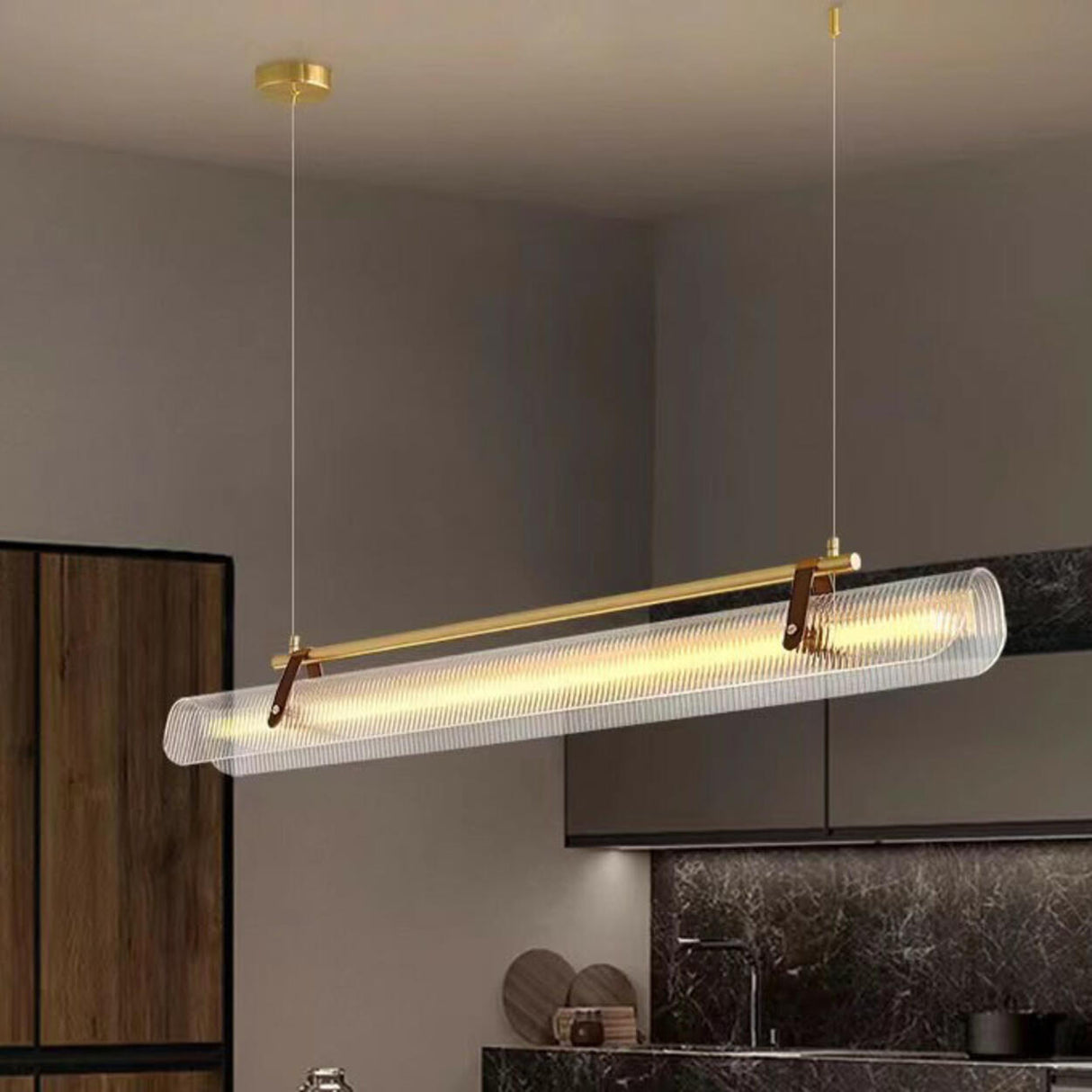 Modern Adjustable Linear Glass Kitchen Island Light Image - 2