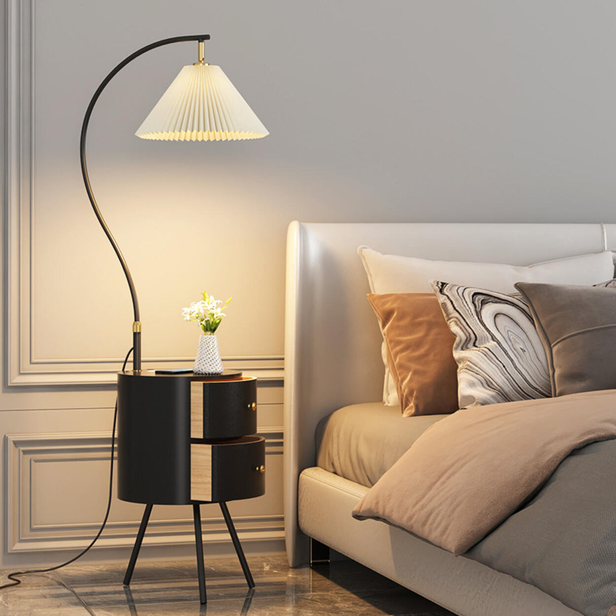 Modern Adjustable Pleated Floor Lamp with Storage Image - 4