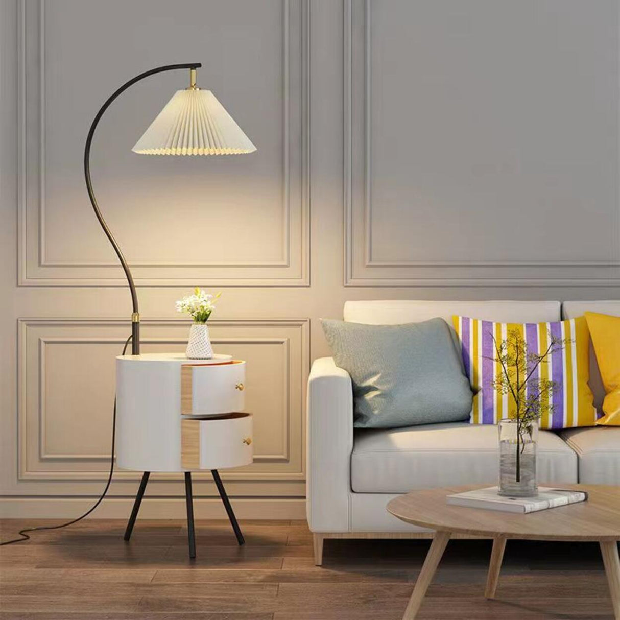 Modern Adjustable Pleated Floor Lamp with Storage Image - 5