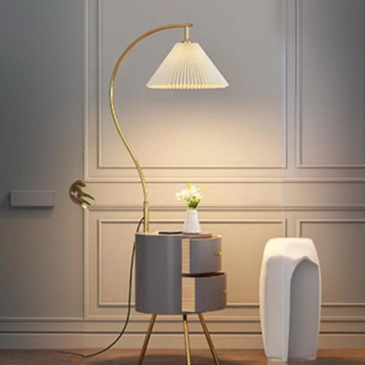 Modern Adjustable Pleated Floor Lamp with Storage Image - 9