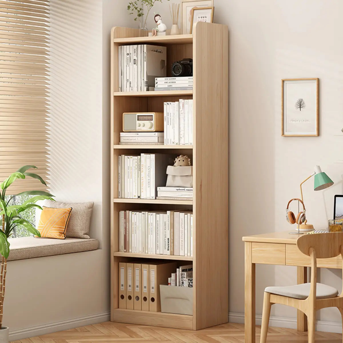 Modern Adjustable Shelves Tall Pine Storage Bookcase Image - 1