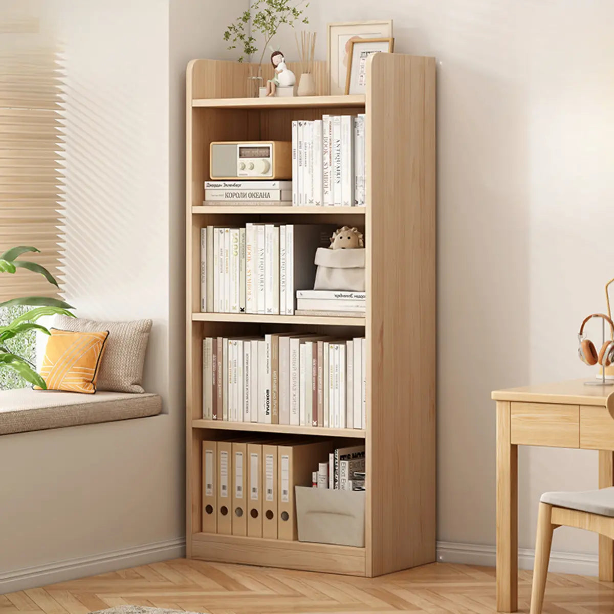 Modern Adjustable Shelves Tall Pine Storage Bookcase Image - 10