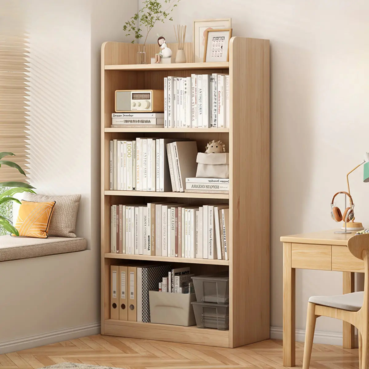 Modern Adjustable Shelves Tall Pine Storage Bookcase Image - 13