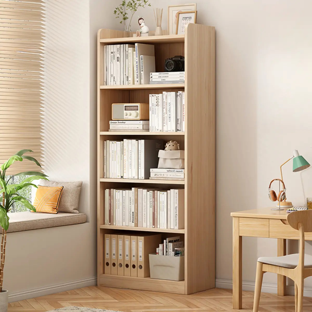 Modern Adjustable Shelves Tall Pine Storage Bookcase Image - 4