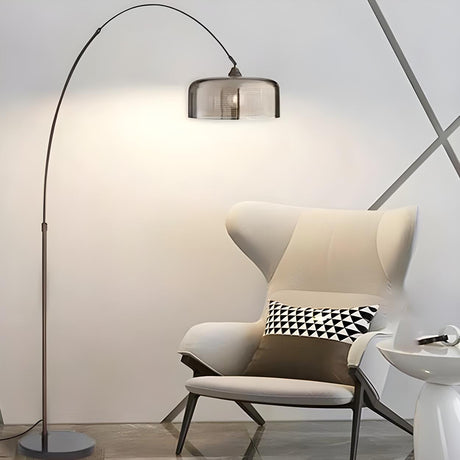 Modern Adjustable Smoked Barrel and Arched Floor Lamp Image - 1