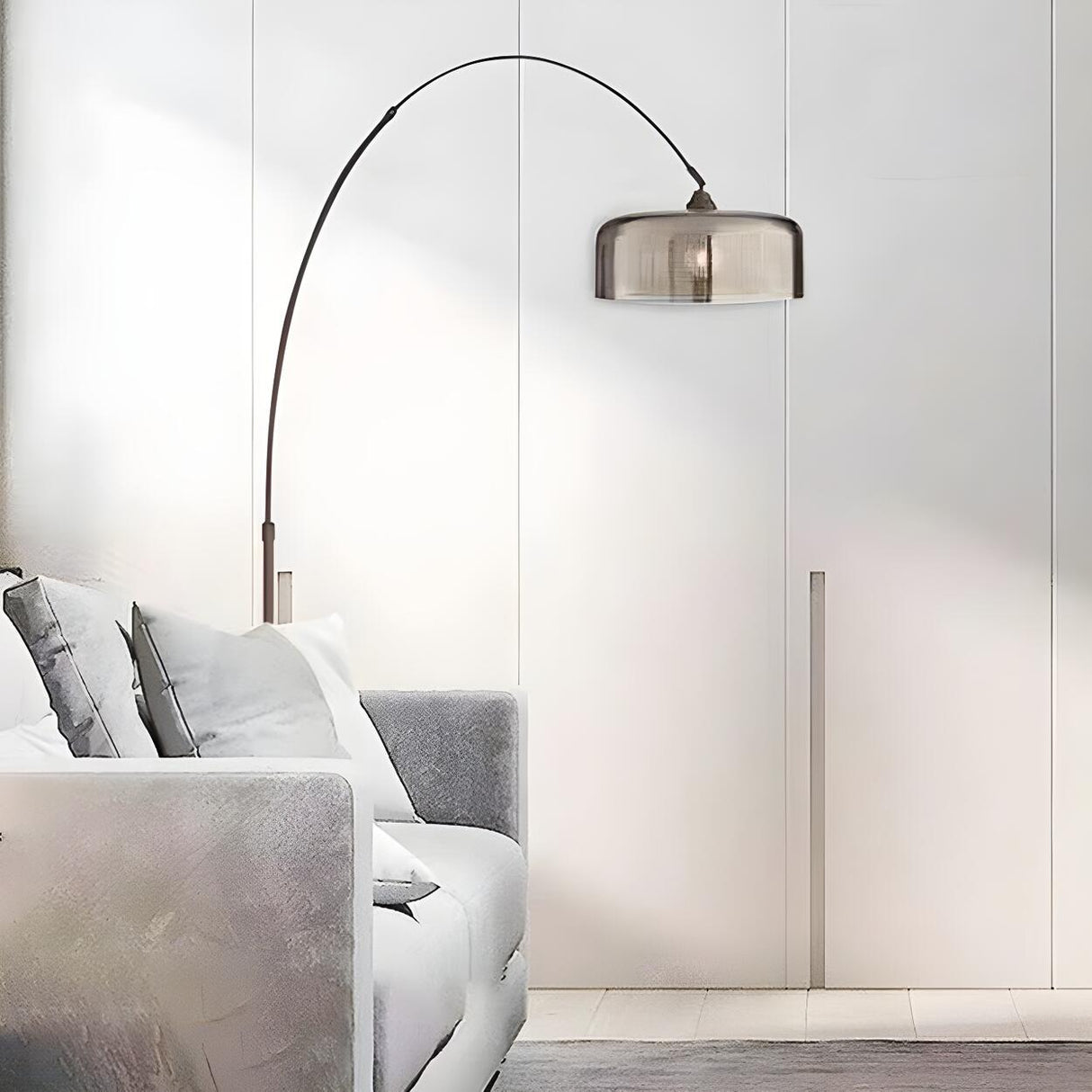 Modern Adjustable Smoked Barrel and Arched Floor Lamp Image - 5