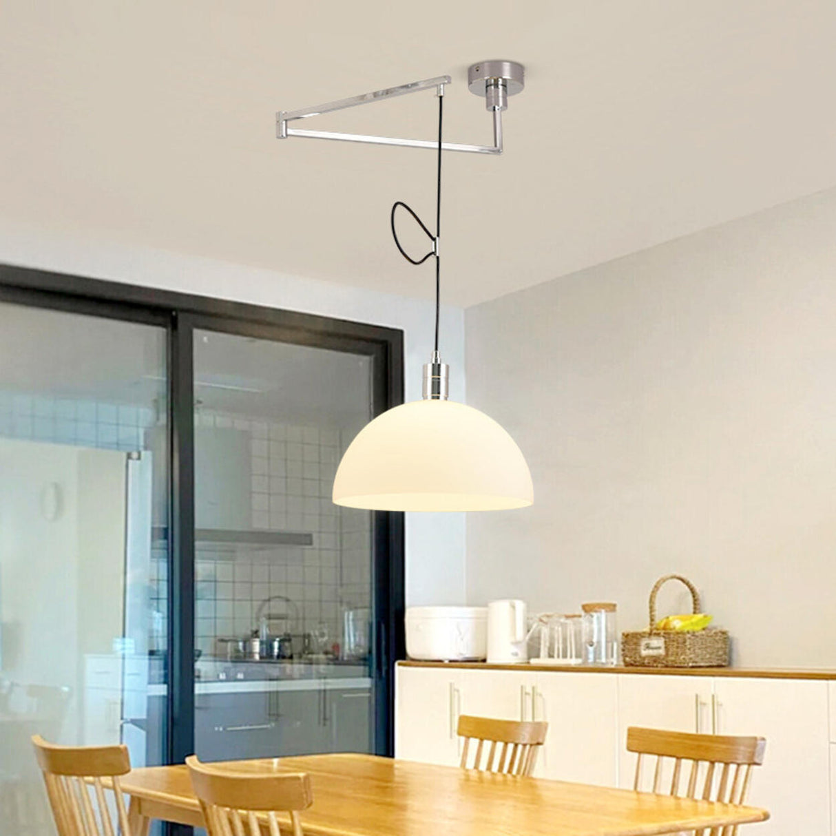 Modern Adjustable Swing Arm Cast Iron Dome Pendant Light Image - 1