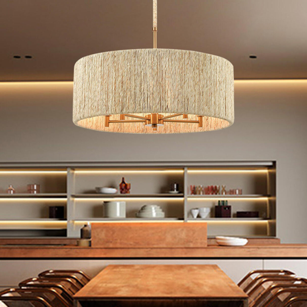 Modern Alloy Drum Chandelier Light Adjustable Hanging Rod Image - 4