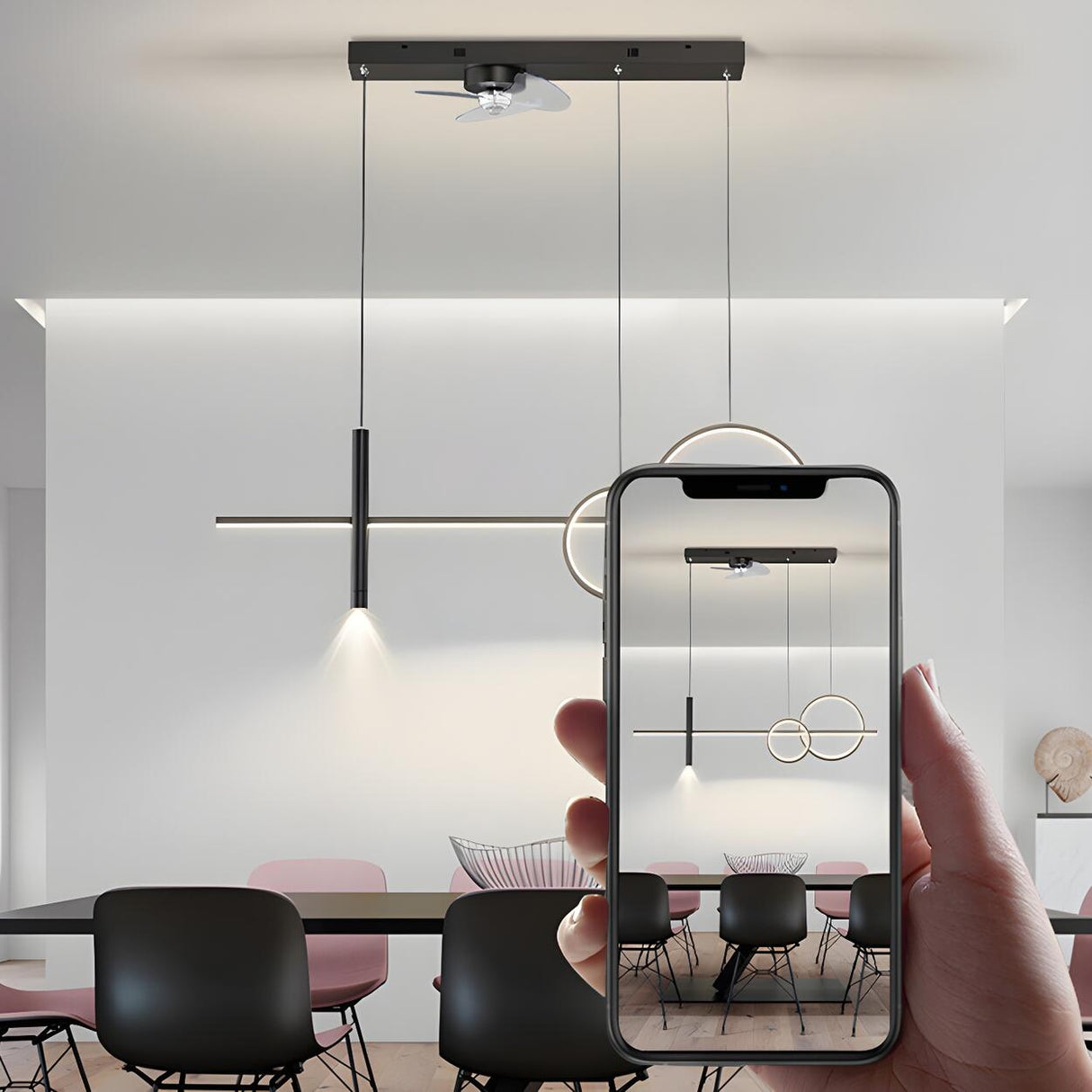 Modern Aluminum Linear Pendant Ceiling Fan with Light Image - 12