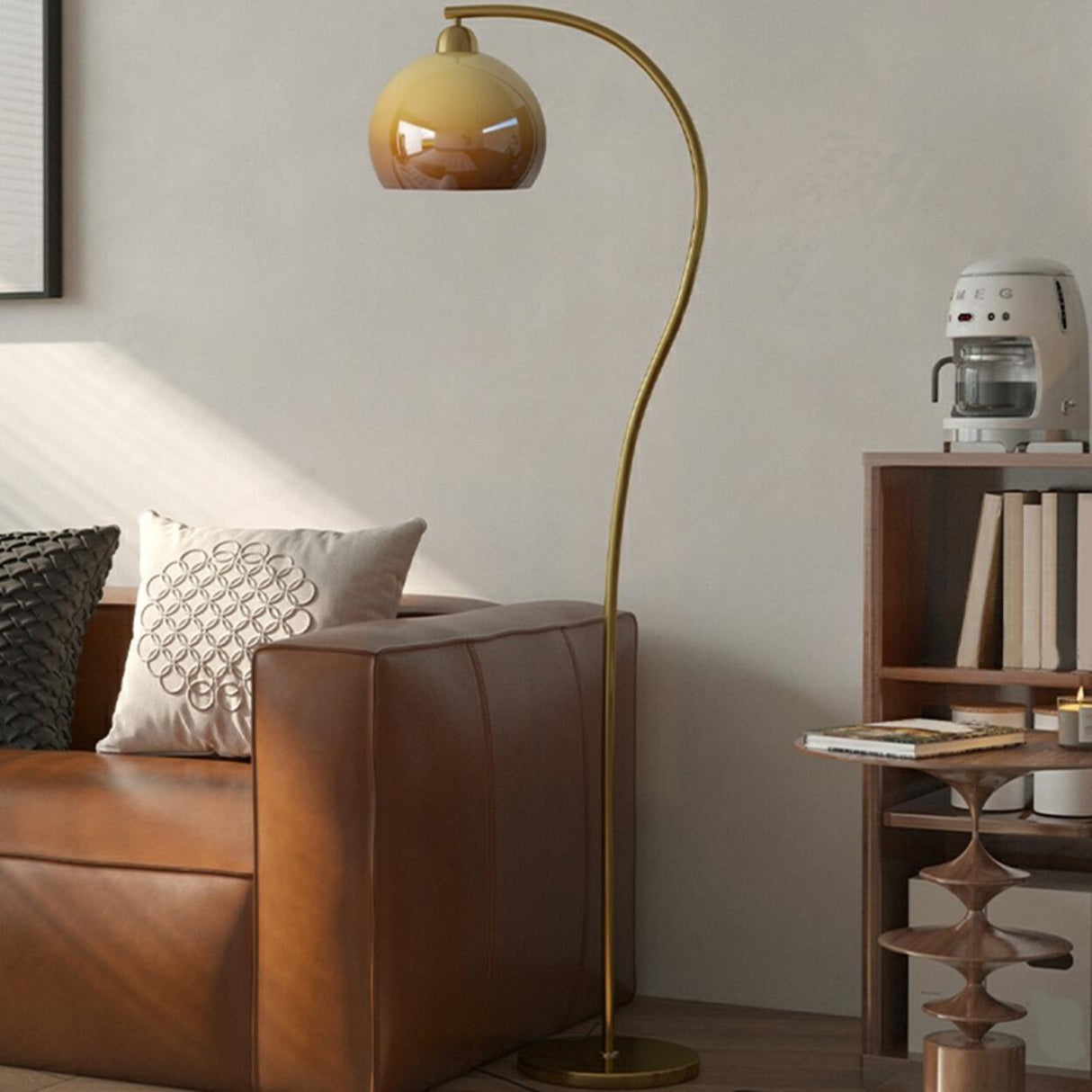 Modern Amber Dome and Curved Gold Metal Floor Lamp Image - 3