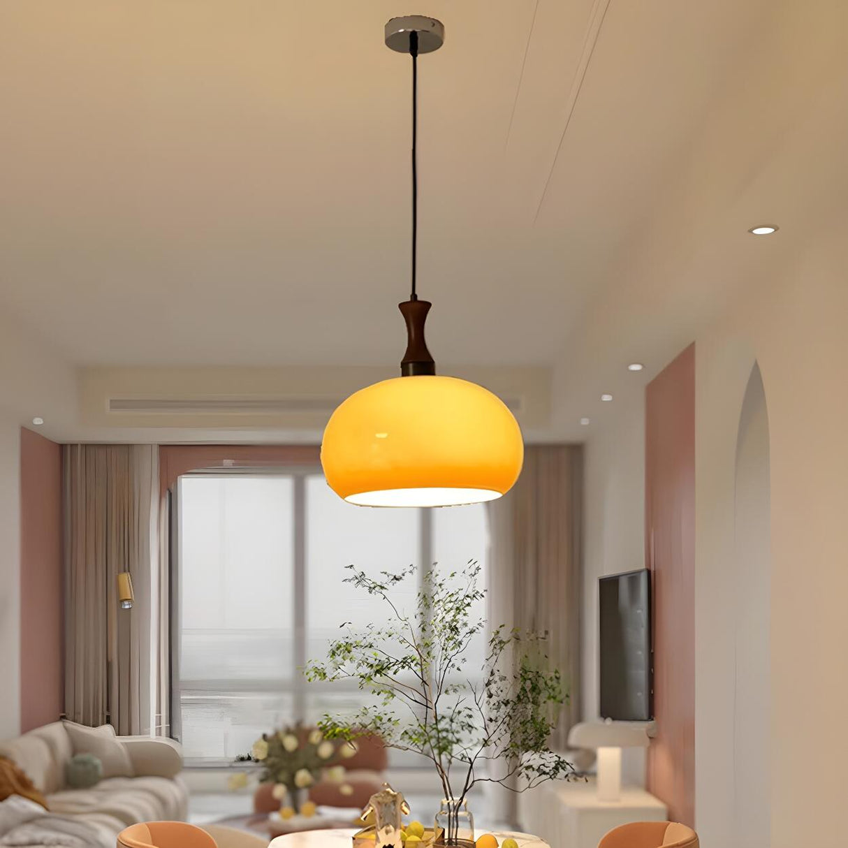 Modern Amber Glass Dome Pendant Light Flexible Length Image - 2