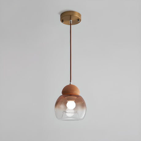 Modern Amber Glass Dome Wood Globe Pendant Light Image - 2