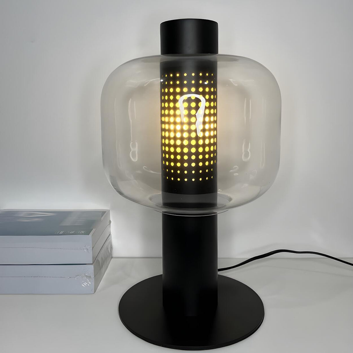 Modern Amber Perforated Glass Globe Shade Table Lamp Image - 16