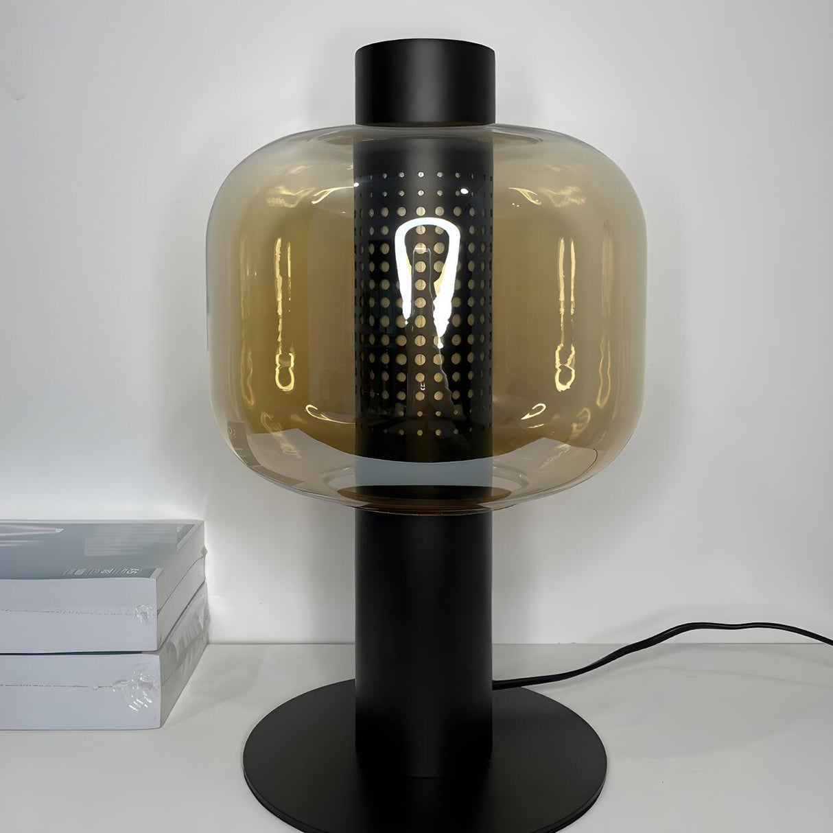 Modern Amber Perforated Glass Globe Shade Table Lamp Image - 18