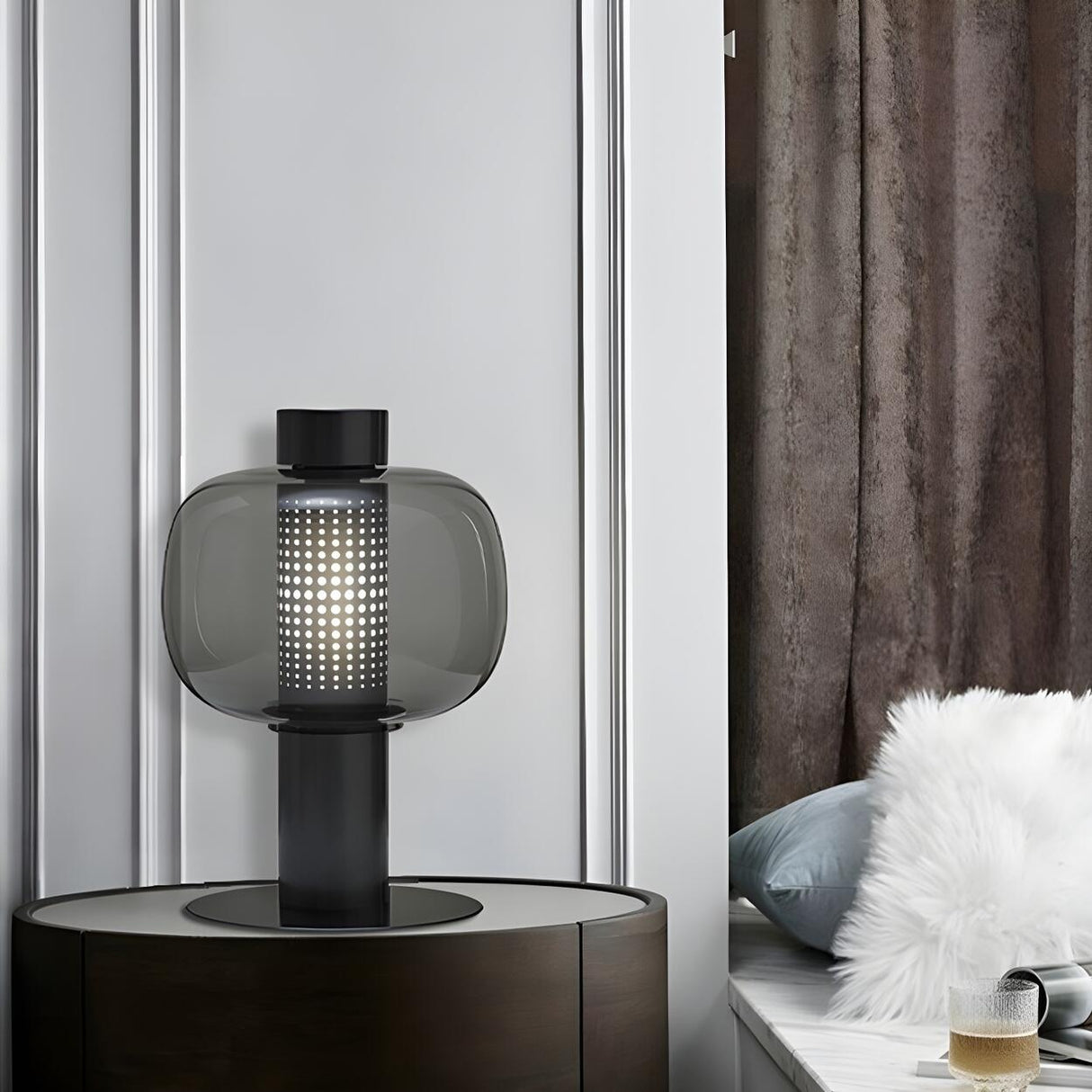 Modern Amber Perforated Glass Globe Shade Table Lamp Image - 3