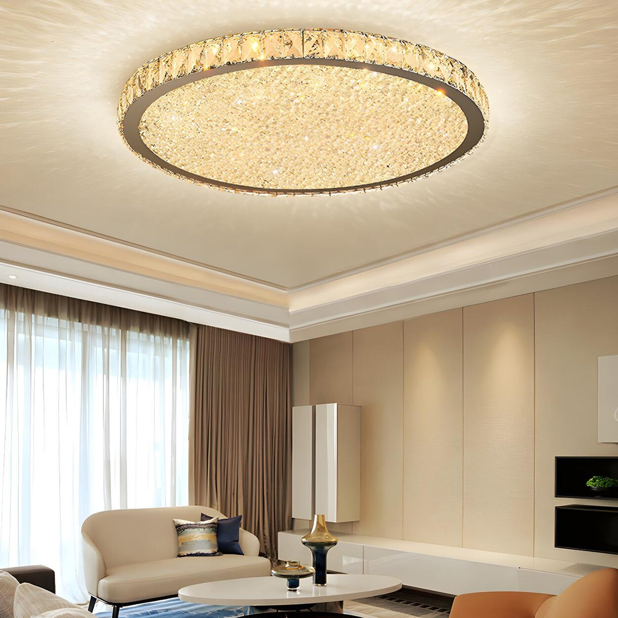 Modern Amber Round Crystal LED Flush Mount Ceiling Lamp Image - 4